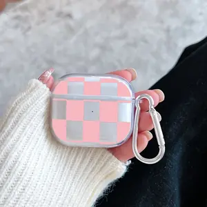 Pink Checkered Pattern Protective Case for AirPods 4/3/2/1/Pro/Pro2 Soft TPU Earphone Cover, Transparent with Keychain
