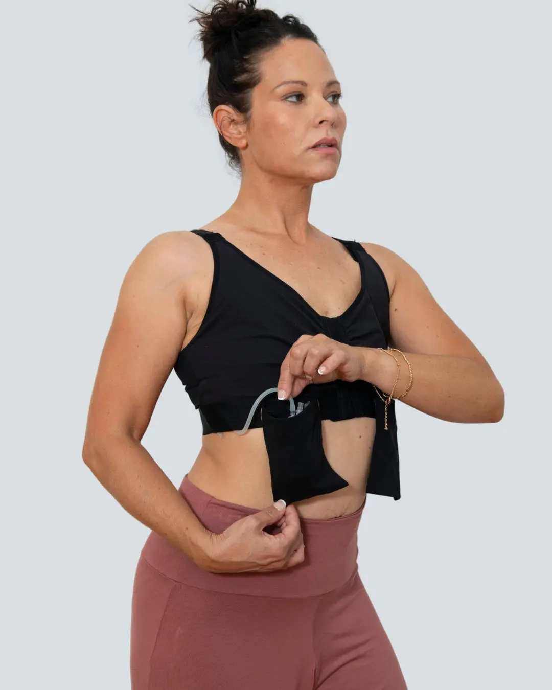 Women's Front Closure Post-Op Surgical Bra in Soft Cotton Spandex with Adjustable Straps and Pockets for Drains & Forms