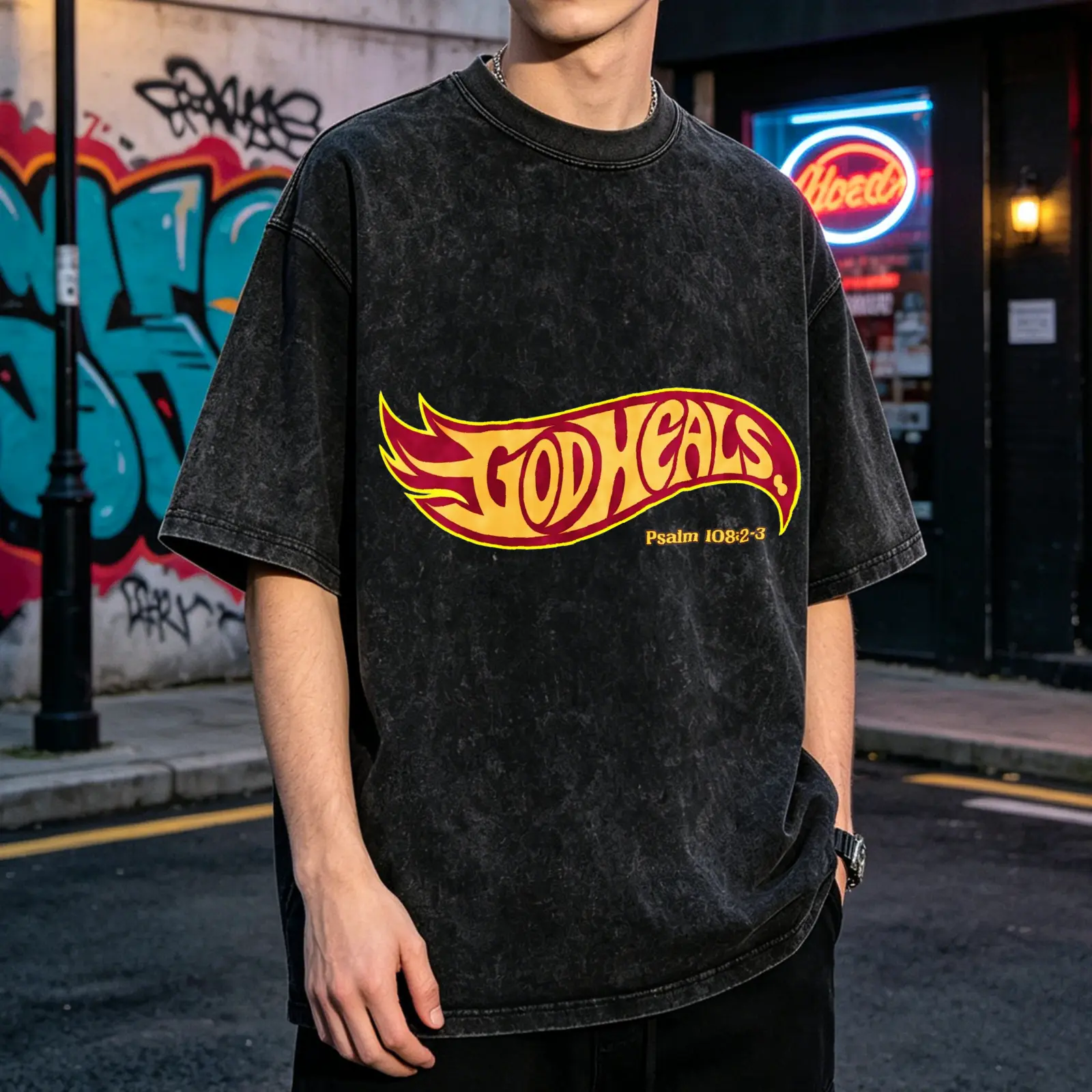 God Heals Psalm Men's Vintage Washed T-Shirt God Heals Flame Design Print Oversized Graphic Tee Outdoor Casual Short Sleeve