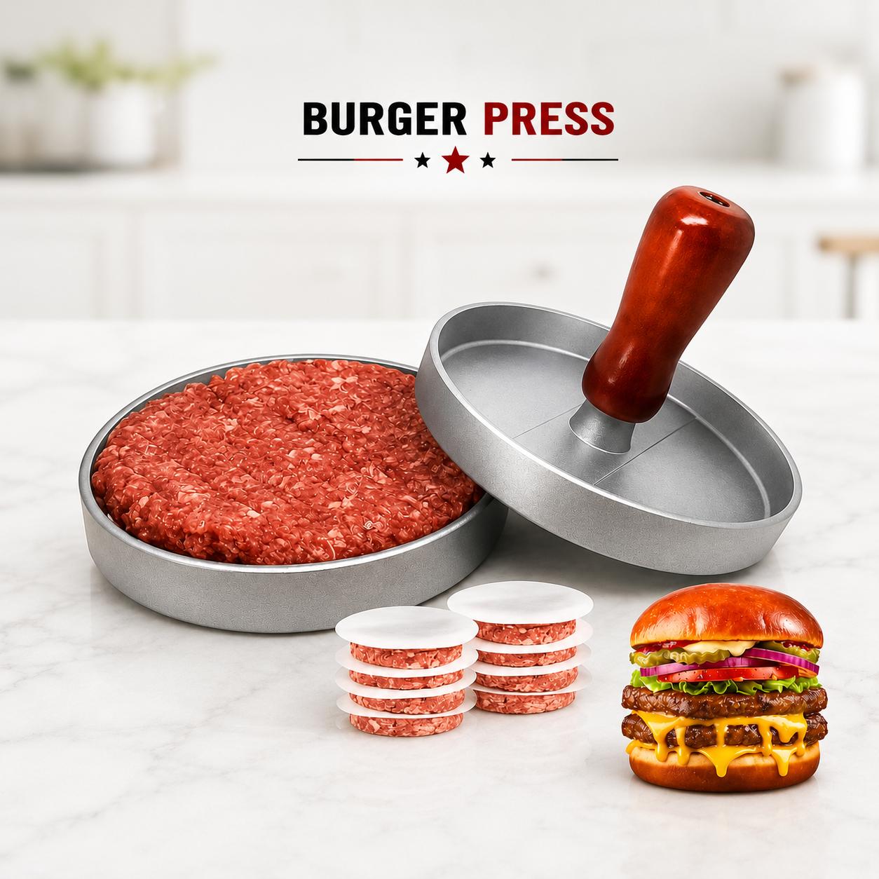 Single Non-Stick Burger Press Patty Maker - Smooth, Lightweight, Sturdy Kitchenware Utensil for Outdoor Grill, Backyard Barbecue, Griddle Cooking, Handheld Labor-Saving Meat Shaper for Uniform Thickness Beef, Cheese, Veggie Patties, Grill‑Ready Tool