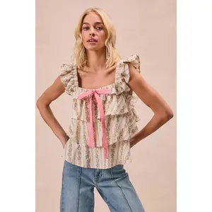 BiBi Floral Printed Woven Front Bow Tied Ruffled Square Neck Sleeveless Top