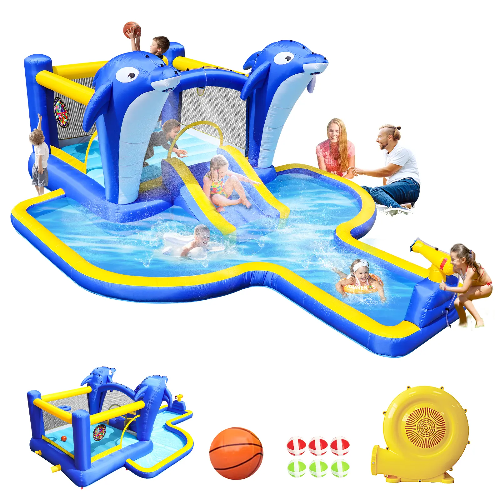 8-in-1 Inflatable Water Park with Slide Trampoline Bounce House Dolphin Sprinkler Target Games Water Gun Basketball Hoop for Outdoor Garden Fun Kiddie Swimming Pool