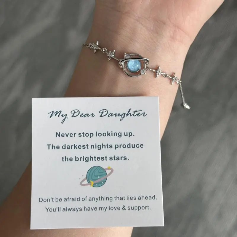 Unisex Cosmic Space Beaded Bracelet - Star Beads, Planet Motif, Copper Metal, Inspirational Message Card, Elegant Daily Costume Jewelry Gift for Daughter