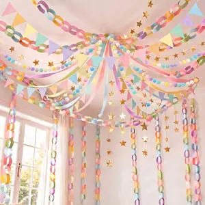 TaoBary Pastel Party Decorations 492ft Pastel Crepe Streamers 600 Sheet Paper Strips Chain Garland 65.5ft Star Hanging 32.8ft Felt Banner 39.2ft Colorful Triangle Banner Flags for Birthday Party2026