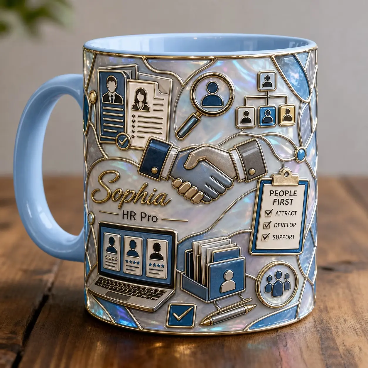HR Professional Ceramic Mug, Custom Name HR Faux 3D Mug,  Blue Office Coffee Cup Gift for Recruiters & HR Teams,