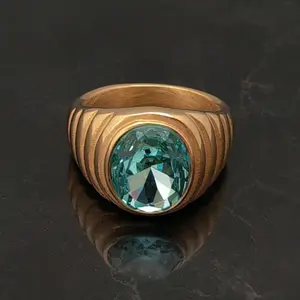 14k gold plated ring with natural stone European and American style made of artificial aquamarine stone for men and women to wear daily and as a gift