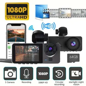 Full HD 1080P Dual Camera Dash Cam with Loop Recording 64GB Memory Card Car Rear View Camera Driving Recorder WiFi APP DVR