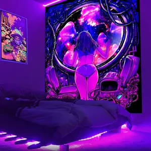 Galaxy Space Girl Pattern Fluorescent Hanging Tapestry, Halloween Decor UV Blacklight Hanging Tapestry, Home Decor Background for Home Interior Living Room Bedroom Dormitory