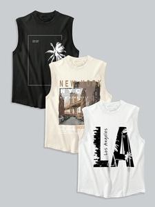men's letter & city & coconut tree print tank top, regular fit casual sleeveless round neck top for summer, tank tops for men, men's top for daily wear, clothing