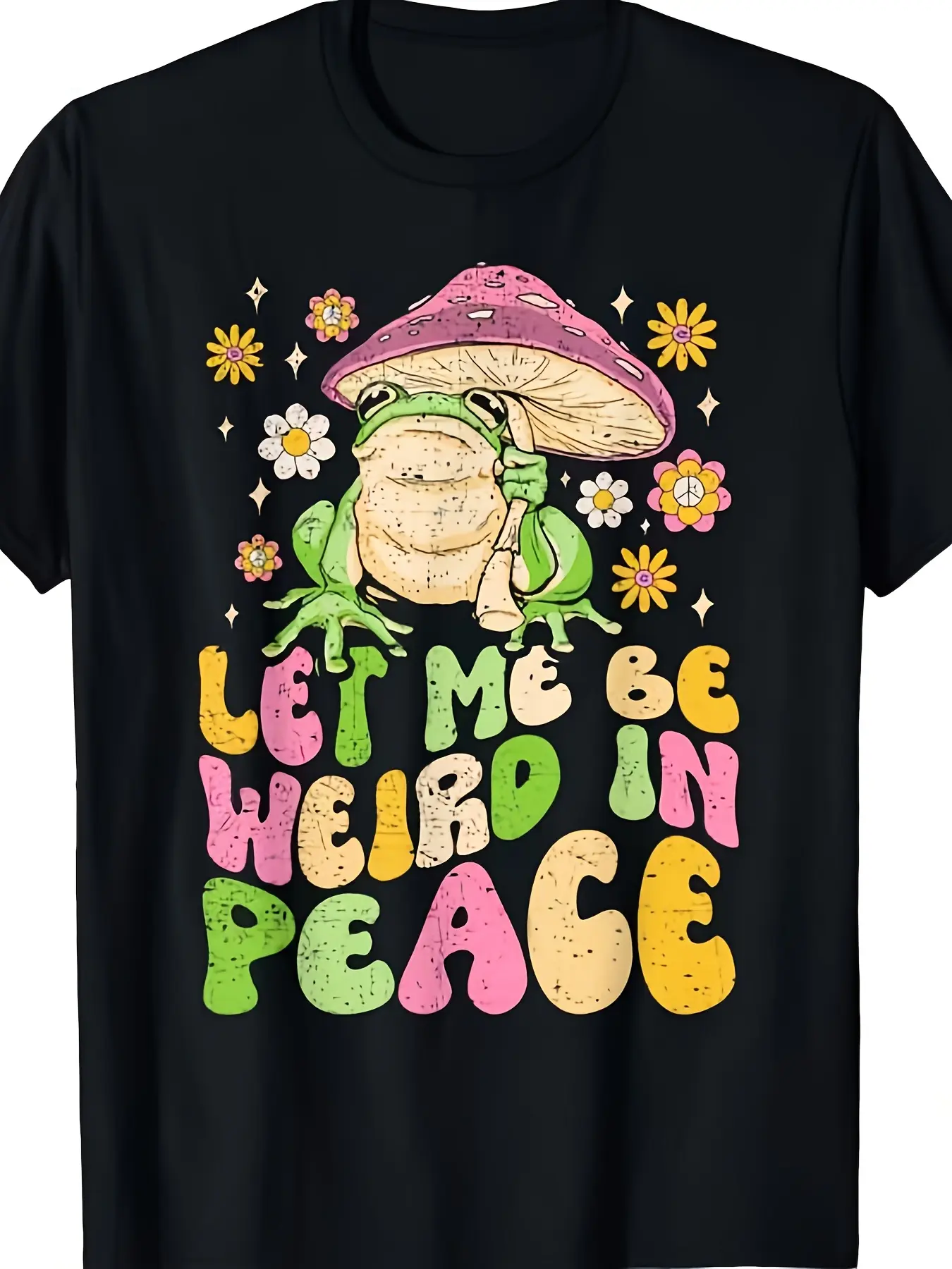 2026 Spring Summer Men's Short-Sleeve Round Neck Cotton Frog Fabric Casual T-Shirt - Relaxed Fit, Soft Breathable, "Let Me Be Weird In Peace" Humor Graphic, Funny Casual Style, Funny Streetwear, Retro Mushroom Flowers Whimsical Design, Festival Top