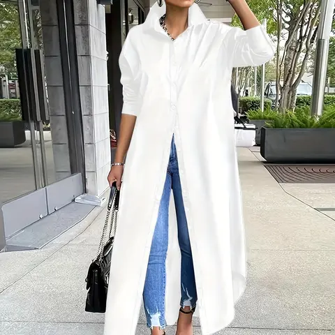 Women's Solid Button Design Collared Loose Fit Style Longline Shirt Long Sleeve Outerwear for Daily Wear, Ladies Clothes for All Seasons