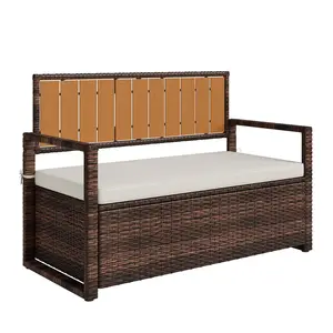 Outdoor Storage Bench with Cushion, PE Rattan Patio Bench with Backrest, Armrests and Metal Frame, Waterproof Deck Box Seat for Porch, Backyard & Poolside, Dark Brown&Beige