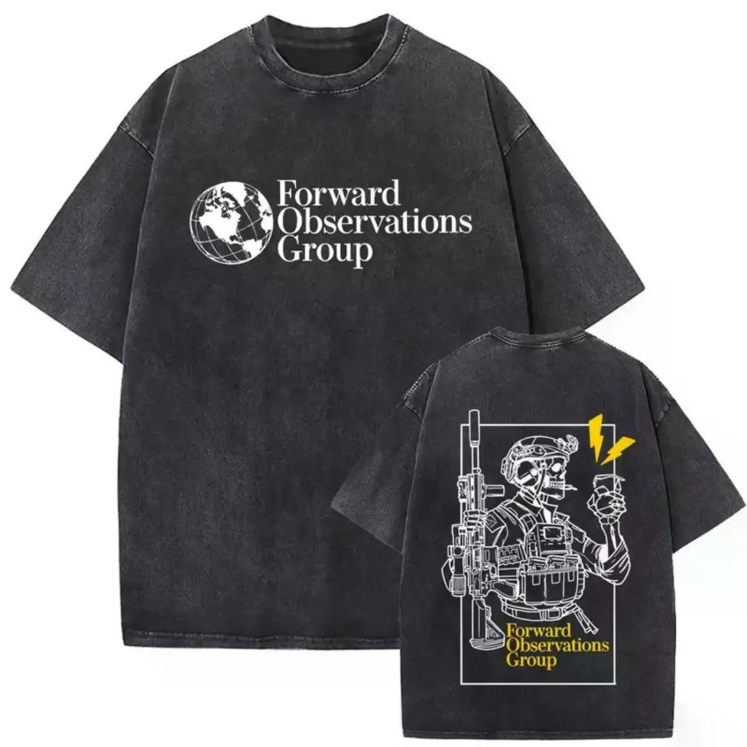 Forward Observations Group Vintage Washed Skeleton Graphic T-Shirt - Unisex Oversized Streetwear Fashion