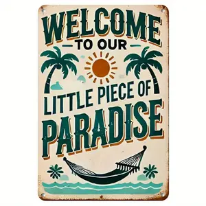 Vintage Aluminum Alloy Wall Decor Plaque Sign "Welcome to Our Little Piece of Paradise" - 8x12 in Retro Rustic Finish Metal Art, Ideal for Outdoor Patio & Home Decor, Unique Gift for Friends, Aluminium Accent