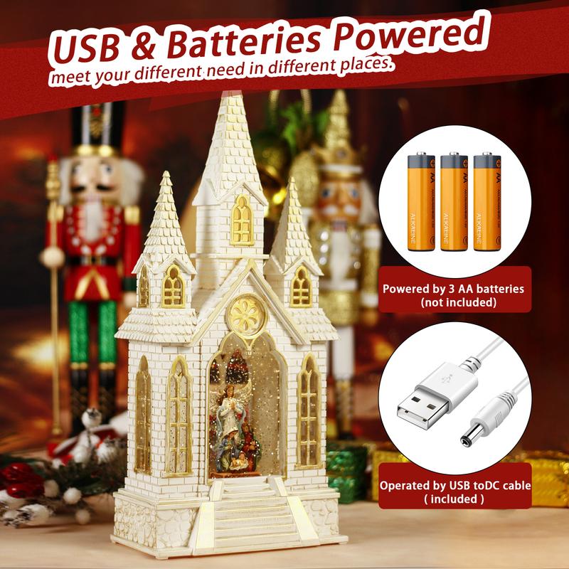 16Inch Lighted Religious Snow Globe Nativity Church with 6H Timer Music, Multicolored Resin, Classic Style, Christmas Home Decor Gift