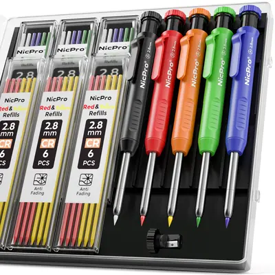 8-Pack 2.8mm Mechanical Carpenter Pencils With 48 Refills - Built-in Sharpener & Deep Hole Marker