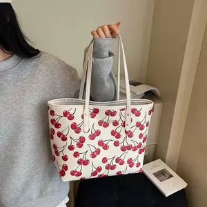 Cherry Print Large-Capacity Tote Bag for Women, Stylish Versatile Shoulder Handbag, Casual Commuter & Shopping Tote, Lightweight Everyday Carry Bag