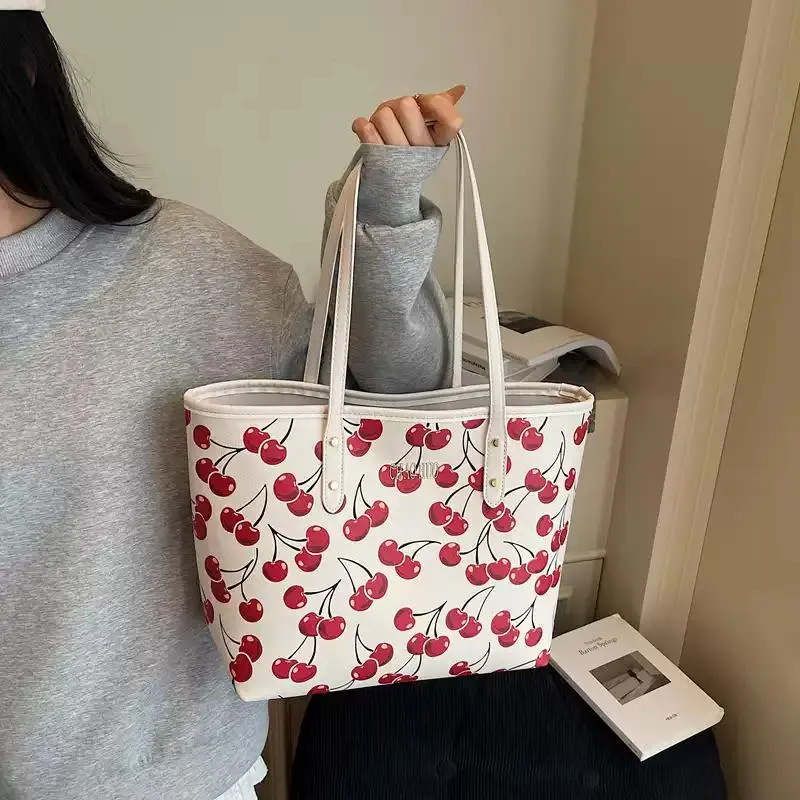 Cherry Print Large-Capacity Tote Bag for Women, Stylish Versatile Shoulder Handbag, Casual Commuter & Shopping Tote, Lightweight Everyday Carry Bag