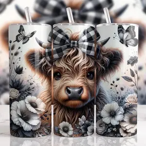 20oz Printed Cow Vacuum-Insulated Tumbler, Double-Wall Portable Kitchenware Drinkware, Stylish Highland Cow Water Bottle for Coffee and Beverage