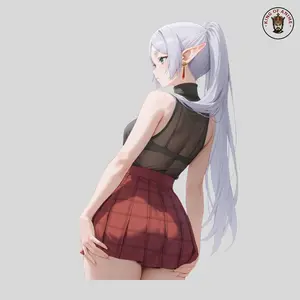 Frieren Waifu Sticker – Frieren Black Sheer Top & Red Skirt, Cute Back Pose Aesthetic Decal