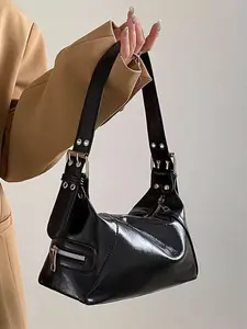 Unique Design Underarm Bag, Punk Motorcycle Handbag, New 2026 Women's Fashion, Versatile Oil Wax Leather Shoulder Bag