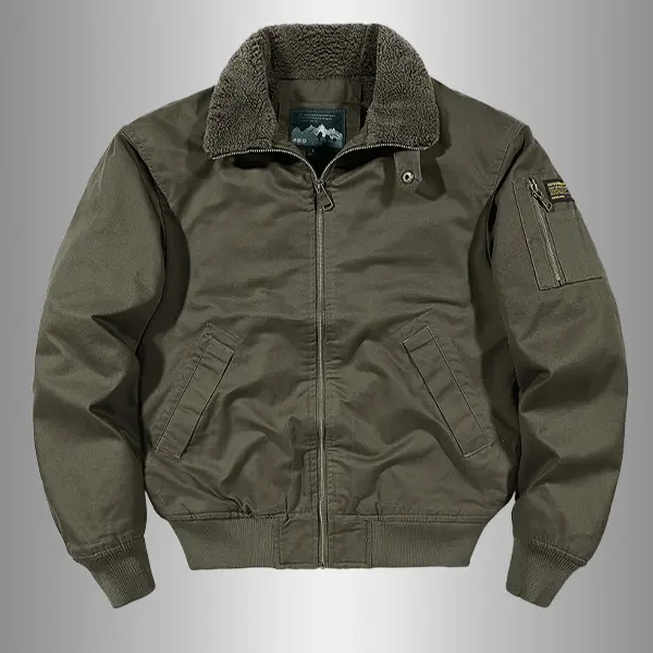 Men's Plain Fleece-Lined Multi-Pocket Pull-On Military Tactical Bomber Jacket - Long Sleeve Menswear Flight Pilot Workwear Coat, Beige Casual Outerwear Top