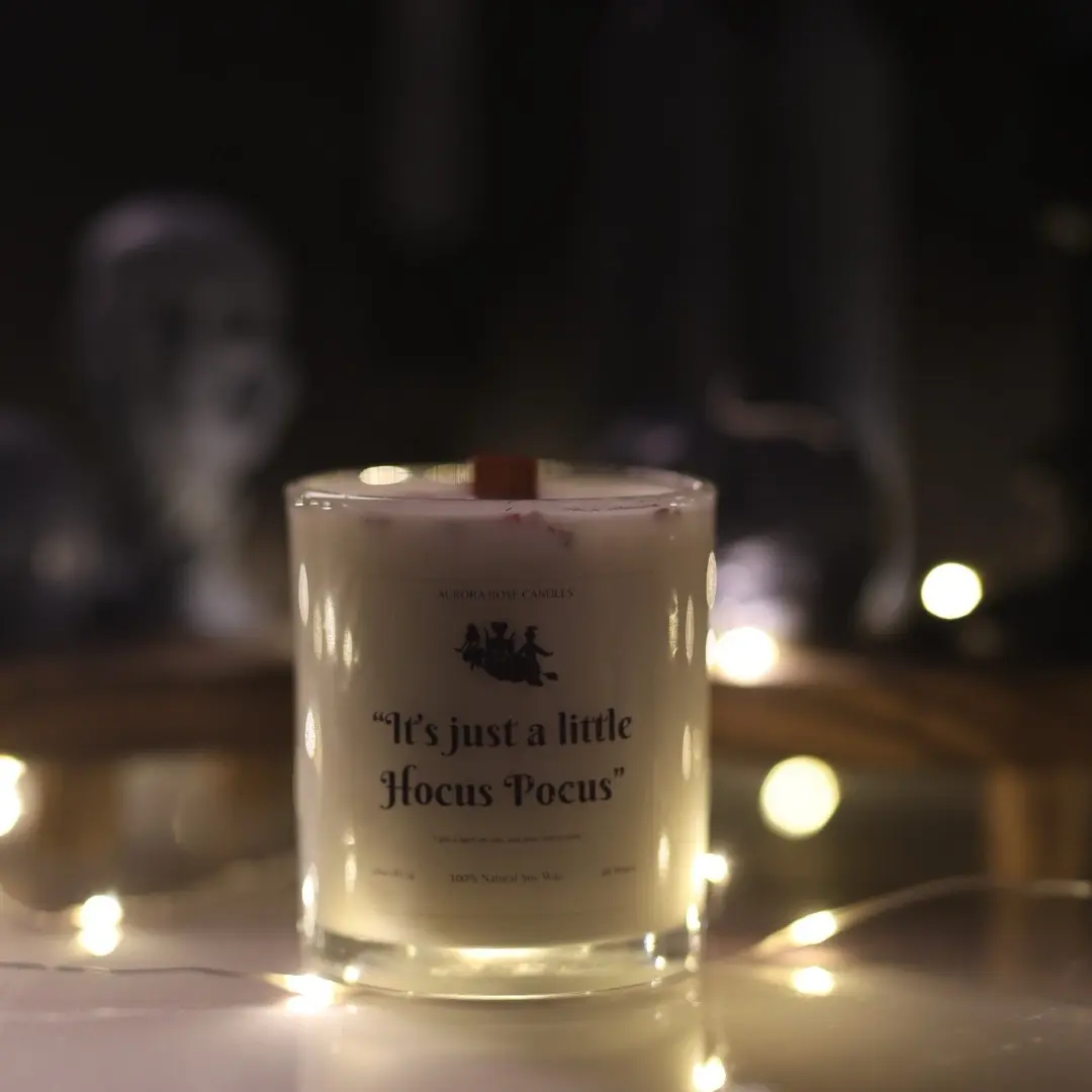 Aurora Rose Hocus Pocus Themed wood wick candles