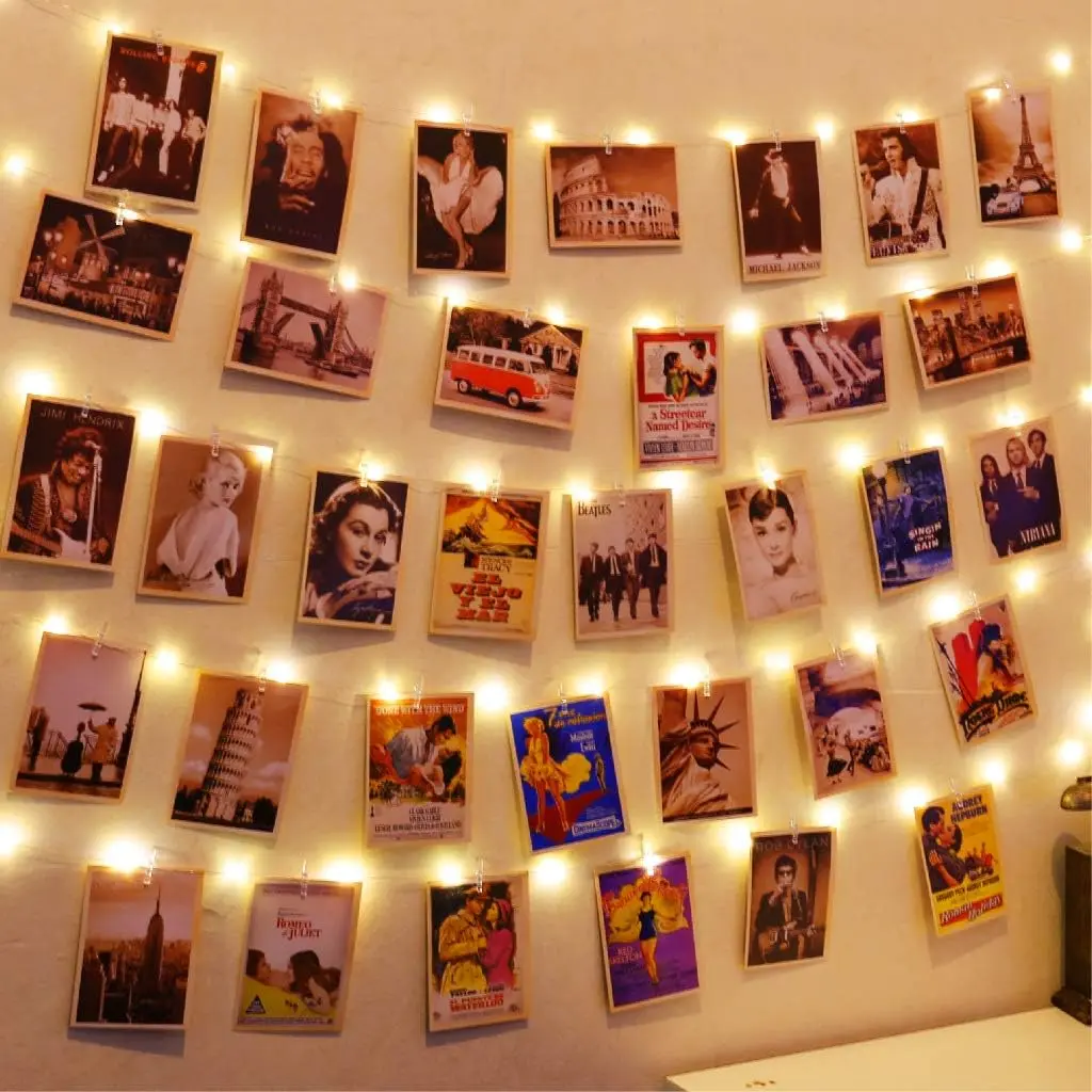 Photo Clips String Light, Warm White Fairy Light with 52 Clear Clips & 12 Hooks on Wall, Timer & 8 Modes USB Powered Copper Wire String Light for hanging picture, Bedroom Party