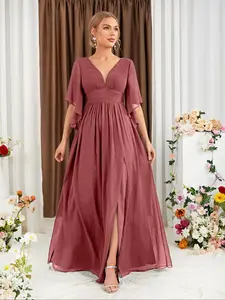 Women's Plain Floral Lace V Neck Bridesmaid Dress Gown, Elegant Fitted Bishop Sleeve Long Dress for Wedding Party, Ladies Clothes for All Seasons, Womenswear
