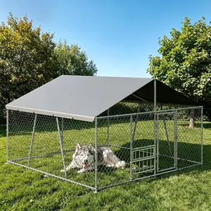 7.5×7.5×5.4 ft Large Metal Dog Kennel Outdoor, Heavy Duty Wire Cage Enclosure with Waterproof Roof & Lockable Door for Backyard Farm, Weather Resistant Pet House for Large Dogs