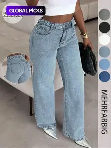 Women's Straight Leg Loose Jeans, Basic Casual High Waist Light Wash Denim Jeans, Comfortable Fashion Fit, Button Fly, All Seasons Wear Pants
