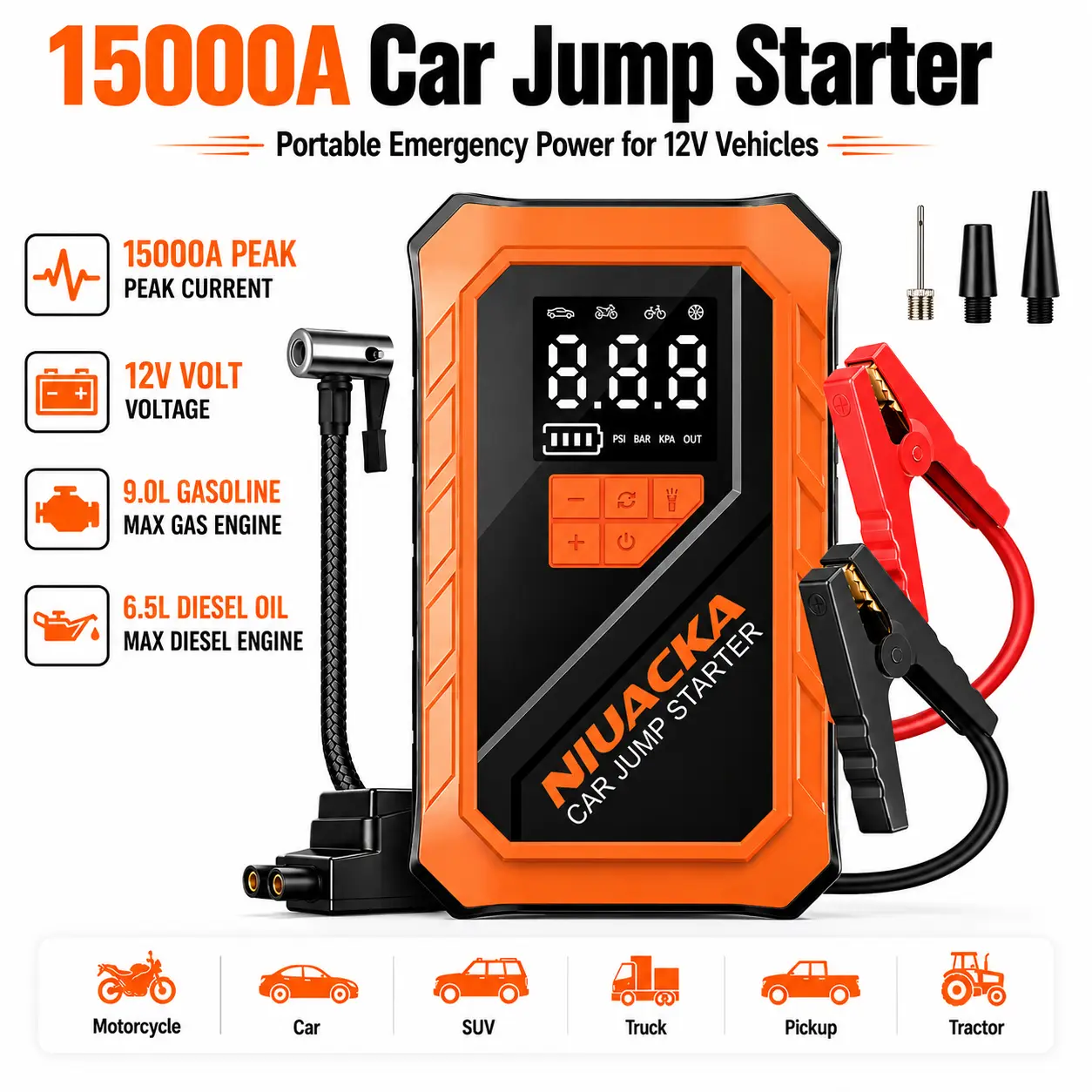 2026 Upgraded 8-in-1 Car Jump Starter with Air Compressor, 15000A 12V Portable Battery Jump Box, 150 PSI Tire Inflator, 12000mAh Power Bank & LED Emergency Light, Roadside Kit for Cars, SUVs