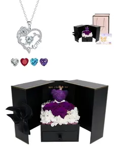 "Sparkling Rose · A Mother's Heart" heart-shaped "Mom" rose gem necklace with a purple preserved flower bear gift box. A perfect mysterious gift for festivals, dates, birthdays for wives or daughters, Valentine's Day and Mother's Day.
