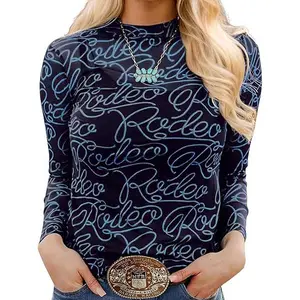 Chvity Women's Long Sleeve Mock Neck Tops Sexy See Through Mesh Going Out Tops Y2k Sheer Letter Printes Western Rodeo Outfit