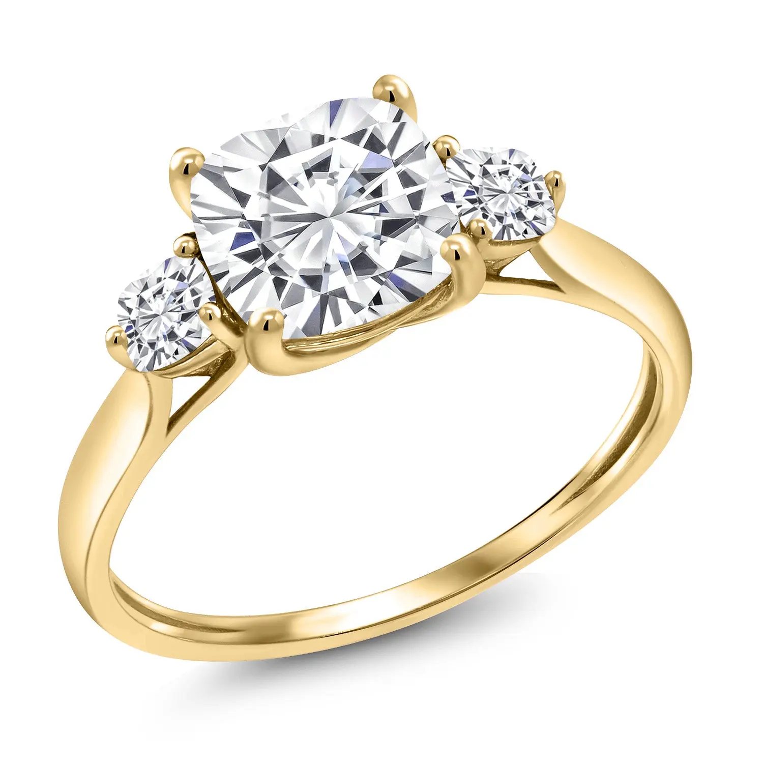 Gem Stone King Women's 10-Karat Yellow Gold Real Engagement Ring - 1.96 Cttw 7x7mm Cushion White Moissanite, 3-Stone Jewelry Ring for Birthstone, Fashion Promise & Wedding Engagement Band