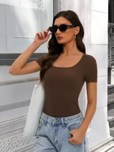 Women's Short Sleeve Scoop Neck Ribbed Knit Skinny Slim-Fitted Basic Rayon T-Shirt - Soft, Comfy Womenswear Essential for 2026 Summer & Spring Casual Outfits /W6,summervibes