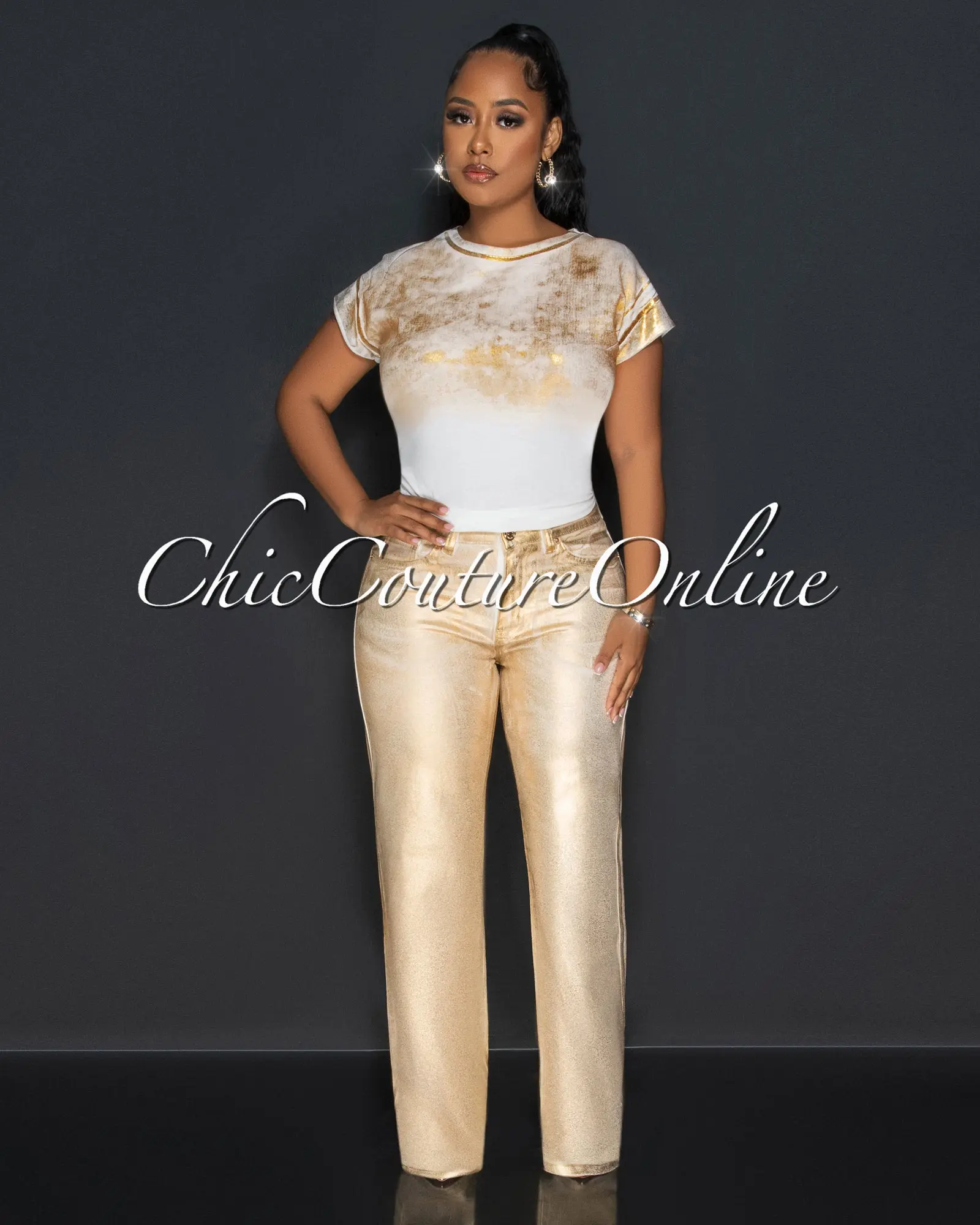*Caline White Gold Foil Wide Jeans