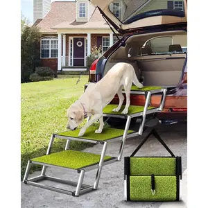 Foldable Dog Car Ramp for Large Dogs, 4 Steps Portable Large Dog Steps for Car Truck SUV High Bed, Aluminum Dog Stairs with Grass Padded, Outdoor Dog Ramp Stairs for Dogs Max Up to 200lbs