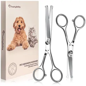Freshly Bailey- Pet Grooming Scissors for Cats and Dogs Set of 2 - Straight and Curved - Perfect for Grooming Your Cat or Dog - Great for Mat Removal