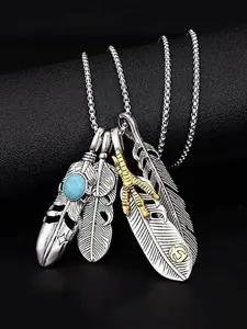 Vintage Feather Design Pendant Necklace, Punk Style Turquoise Texture Decor Necklace for Men & Women, Fashion Jewelry for Party, Daily Decor, Trendy All-match & Exquisite Jewelry for Birthday Gift, Fashionable Jewelry, Necklace Set, Goddess Necklace