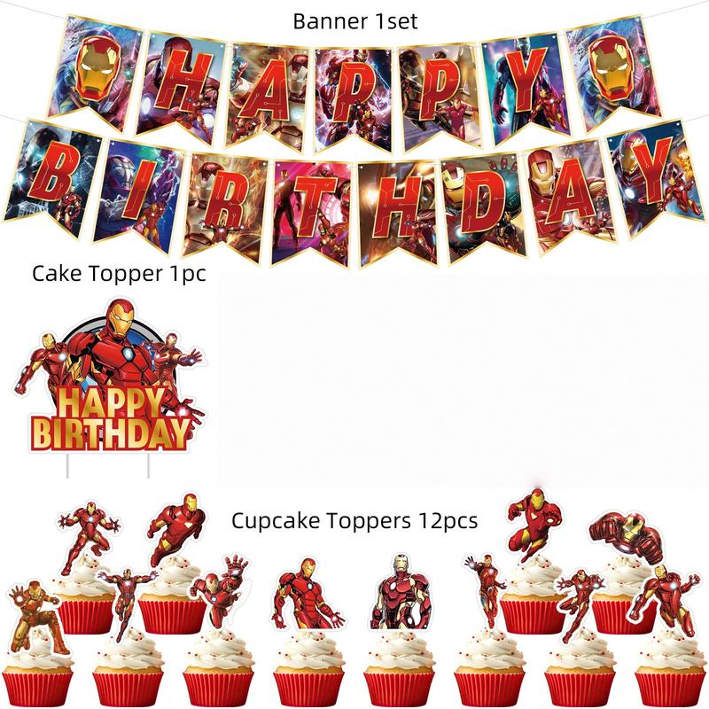 Marvel Iron Man Birthday Party Decorations Set with Banner Cake Toppers and Cupcake Toppers for Kids Party