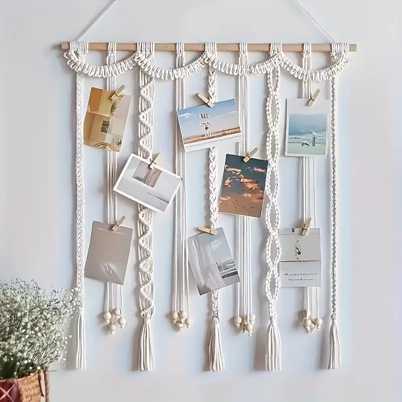 Bohemian Macrame Photo Frame Wall Hanging, Aesthetic Design Tassel Decor with 20 Clips, Dual Purpose Picture Display & Hair Organizer, Interior Wall Decor, Boho Decoration