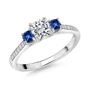 1.36 Cttw Lab Grown Diamond Blue Created Sapphire and White Moissanite Engagement Ring For Women | 925 Sterling Silver | Cushion 5MM | Gemstone Birthstone