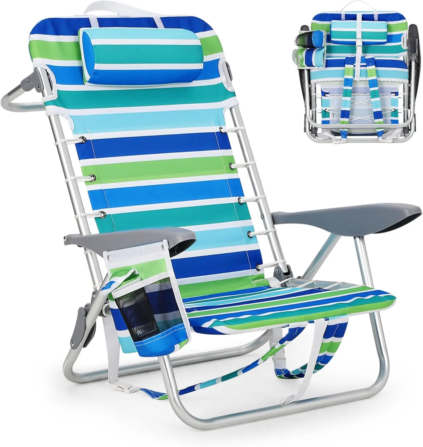 Backpack Beach Chair for Adults, Lightweight Portable Lay Flat Folding Beach Chair with 5 Reclining Positions, Backpack Straps, Phone Pocket, Cup Holder & Towel Bar