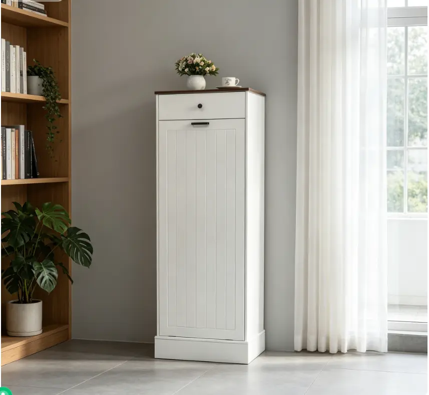 White 10-Gal Farmhouse Wood Tilt-Out Trash Can Cabinet with Drawer, Free-Standing Hidden Storage Cupboard for Kitchen, Laundry Room, Living Room Home Furniture Wooden