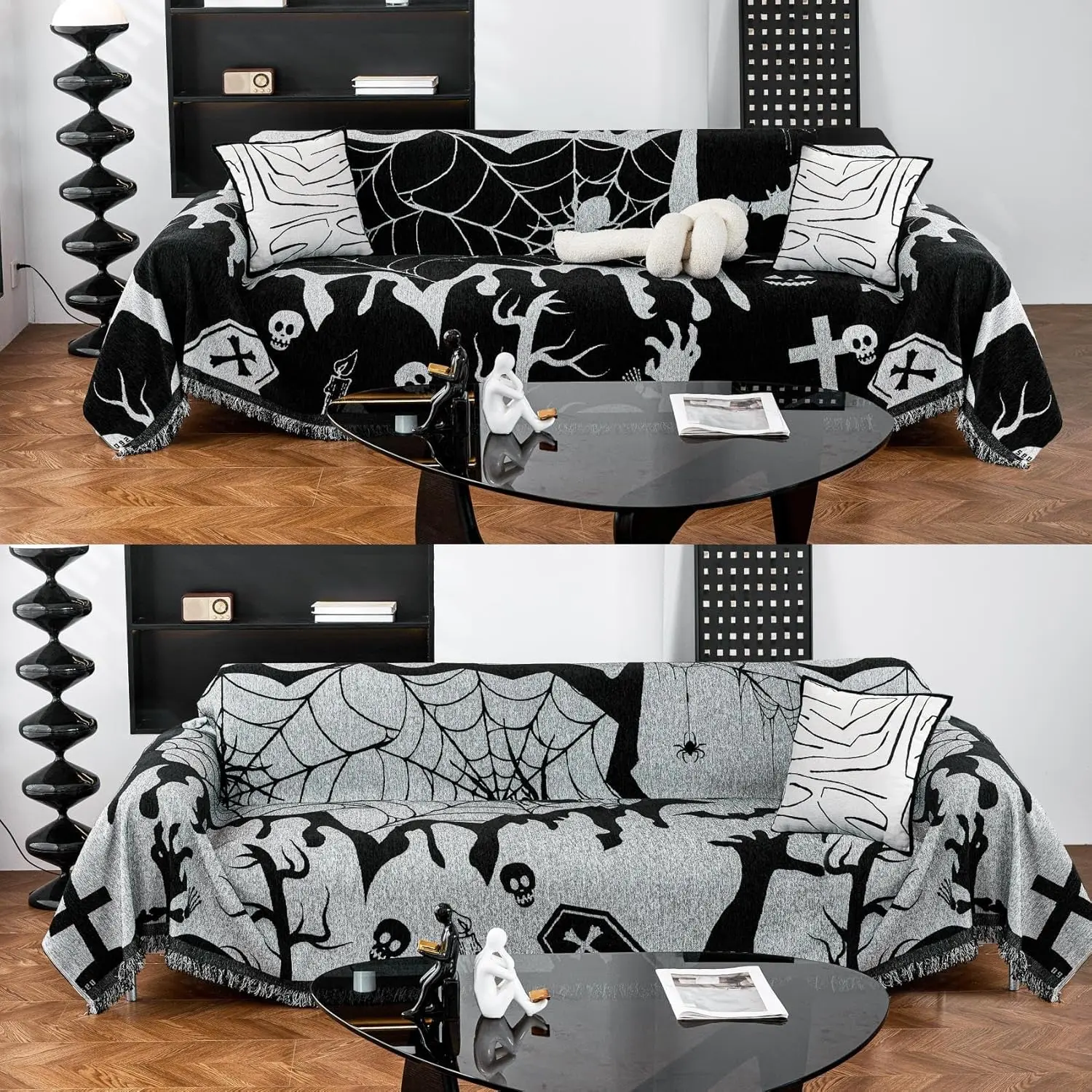 Halloween Sofa Slipcover with Spider Webs Ghost Pattern,Reversible Sofa Covers Washable,Chenille Soft Sofa Blanket Black,Halloween Decorative Couch Protector-102 x71