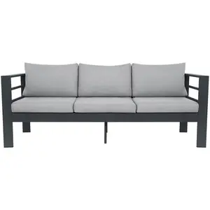 Outdoor Metal Sofa 3-Seater - Heavy Duty Black Patio Couch with All-Weather Cushions, Water-Resistant Wrought Iron Frame for Poolside, Garden & Deck