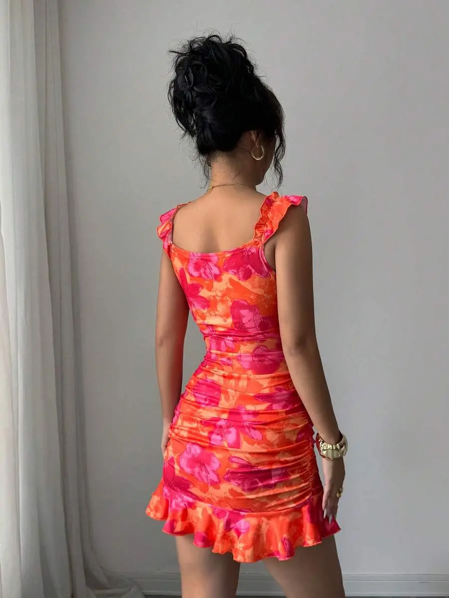 Summer Casual Floral Print Ruffle Hem Mini Dress