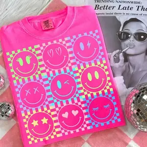 Comfort Colors Neon Summer Smiley Shirt Checkerboard Sunshine TeeAesthetic Distressed Beach Life Top Neon Retro Summer Apparel