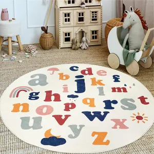 Boho Round Rug 4 Ft Washable Area Rug for Kids Room, Colorful Sun Circle Rug for Playroom, Non-Slip Circular Office Carpet Soft Rainbow Rug for Bedroom Reading Corner Dorm